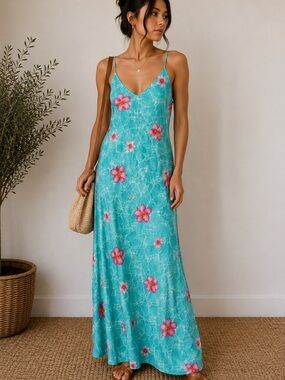 Aqua Floral Slip Maxi Dress with V-Neck